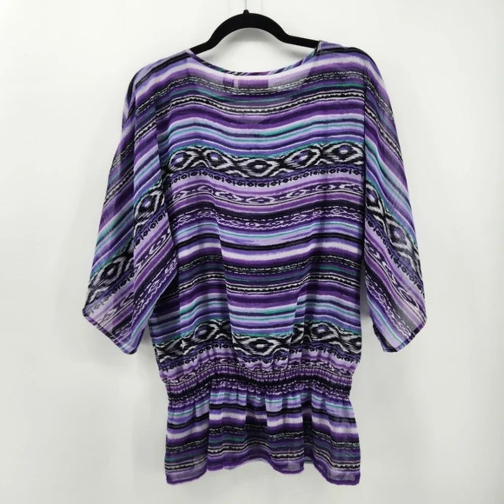 Chico's Women's Size 2 / US Large Purple‎ Print 3/4 Sleeve Button Blouse Top - Picture 2 of 5